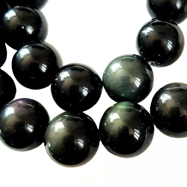 Fil de 27 perles rondes 14mm en obsidienne noire dorée argentée - Photo n°1