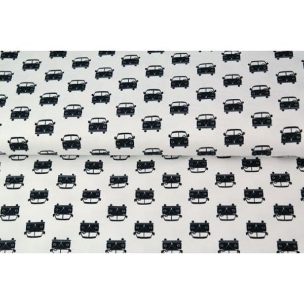 Tissu STENZO popeline de coton - combi hippie VW noir sur fond blanc - Photo n°1