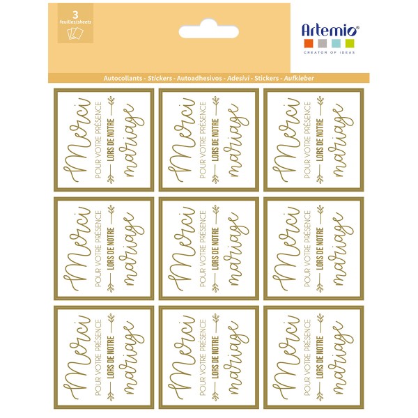 Stickers Artemio Collection On se marie - Merci doré - 3 feuilles - Photo n°1