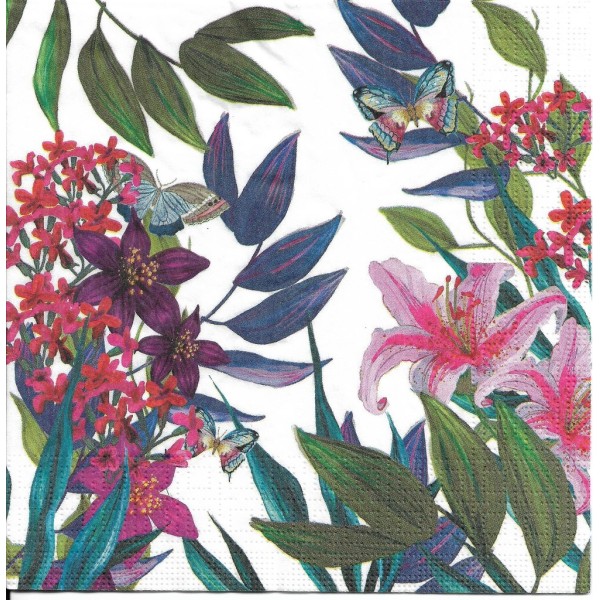 4 Serviettes en papier Fleurs des Tropiques Papillons Format Lunch Decoupage Decopatch 133-3621 PPD - Photo n°2