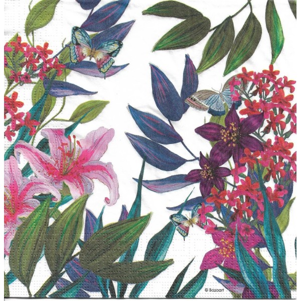 4 Serviettes en papier Fleurs des Tropiques Papillons Format Lunch Decoupage Decopatch 133-3621 PPD - Photo n°1