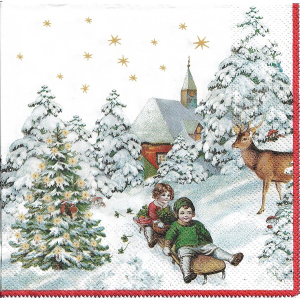 4 Serviettes en papier Noël Enfants Luge Format Lunch Decoupage Decopatch L-886300 Villeroy&Boch - Photo n°2