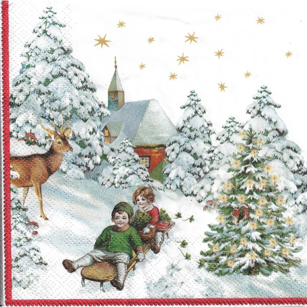 4 Serviettes en papier Noël Enfants Luge Format Lunch Decoupage Decopatch L-886300 Villeroy&Boch - Photo n°1