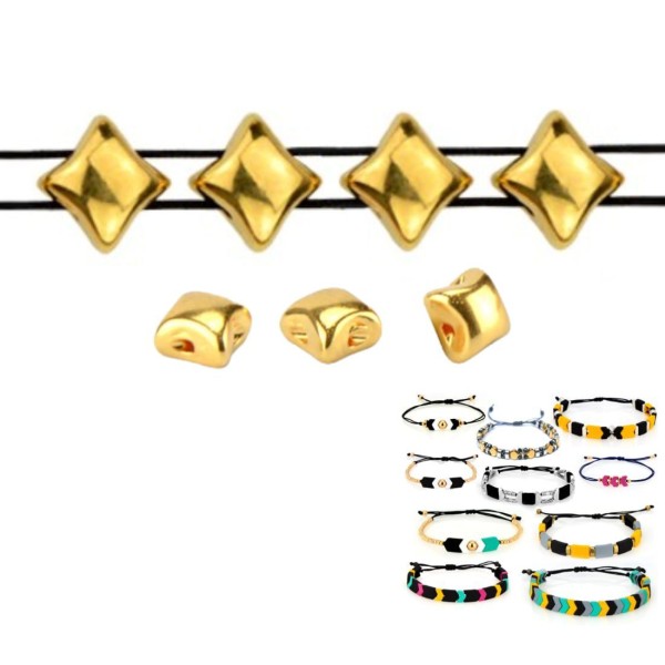 10pcs 24k Plaqué Or 2 Deux trous Rhombus Zamak métal Grec Curseur Perle Perlant Bracelet à perles 8m - Photo n°1