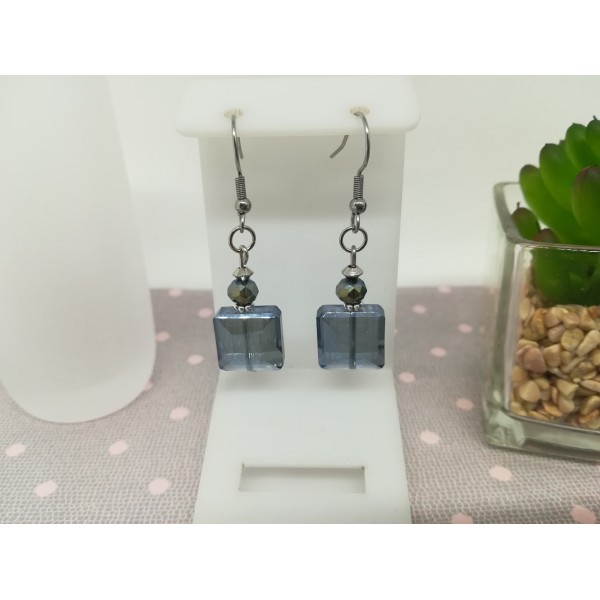 Kit boucles d'oreilles perles électroplate carré bleu gris - Photo n°1