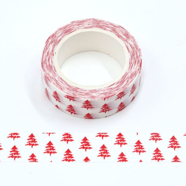 Masking tape blanc sapin rouge Noël - 15mm x 10m - W528 - Photo n°1