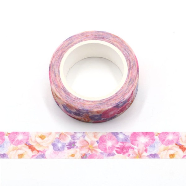 Masking tape glitter fleurs roses scintillantes - 15mm x 5m - G069 - Photo n°1