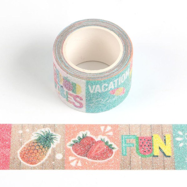 Masking tape glitter fruit FUN fraises ananas vacances - 25mm x 5m - G072 - Photo n°1