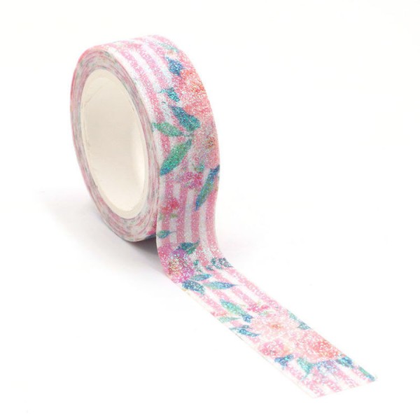 Masking tape glitter roses rayures roses scintillantes - 15mm x 5m - G075 - Photo n°2