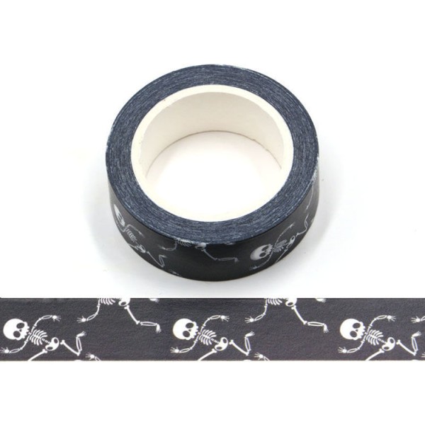 Masking tape noir squelette blanc - 15mm x 10m - W521 - Photo n°1