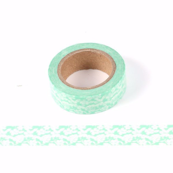 Masking tape motif floral vert clair - 15mm x 10m - W507 - Photo n°1