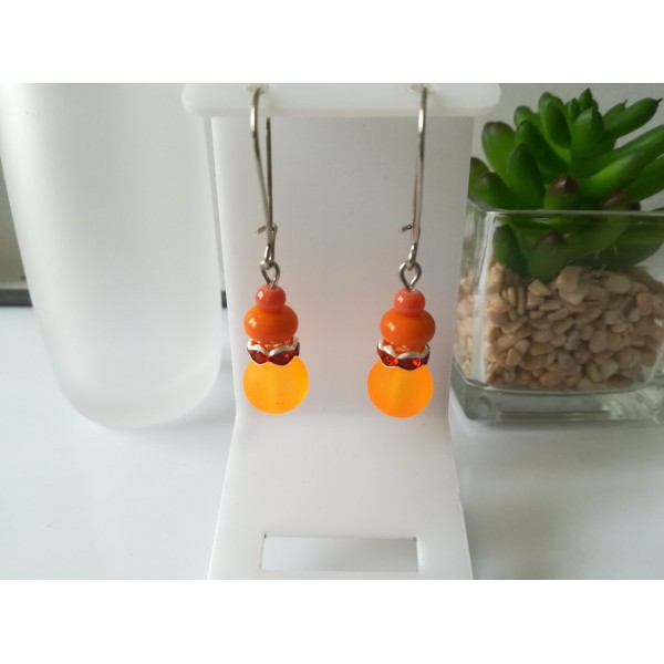 Kit boucles d'oreilles 3 perles ton orange et rondelle strass - Photo n°1