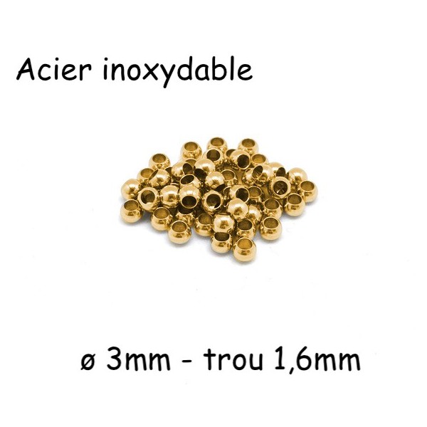 20 Perles Ronde 3mm Doré En Acier Inoxydable Pour Cordon De 1,5mm - Photo n°1