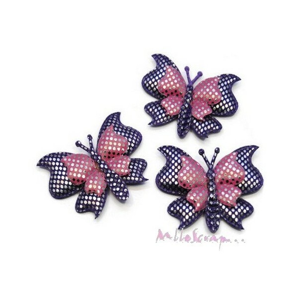 Appliques papillons tissu violet - 3 pièces - Photo n°1