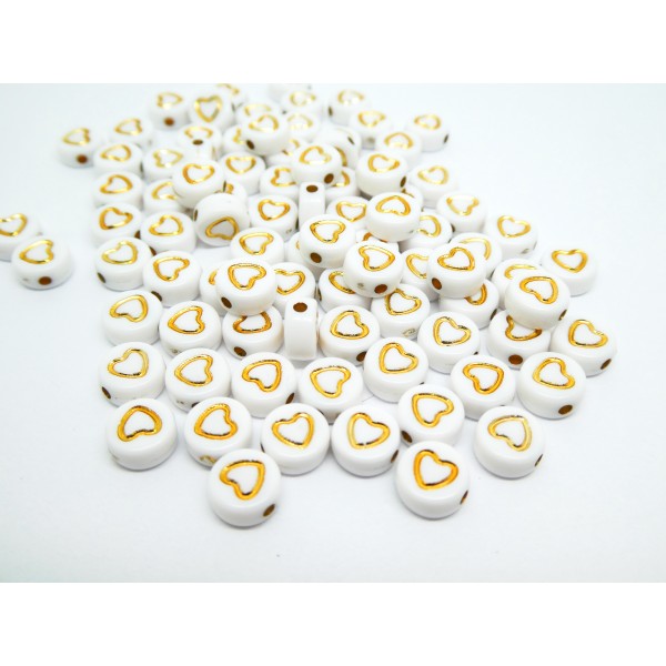 30 Perles rondes7mm acryliques blanc et coeur doré - Photo n°1