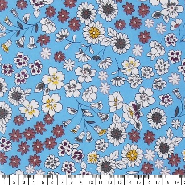 Tissu Fleuri Frou-Frou - Coton léger - Bleu Ciel - Par 10 cm - Photo n°3