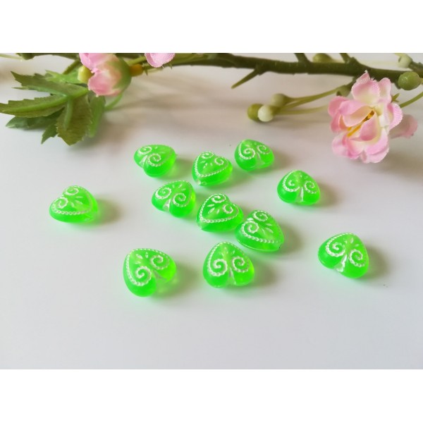 Perles acryliques 11 mm cœur vert x 15 - Photo n°1