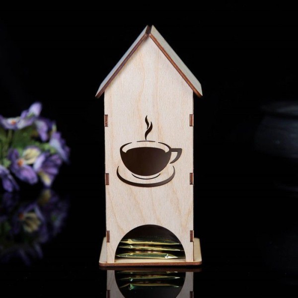 Tasse de thé, théière thé Maison En Bois Blanc, découpage modèle, Thé Sac De Stockage Organisateur, - Photo n°3