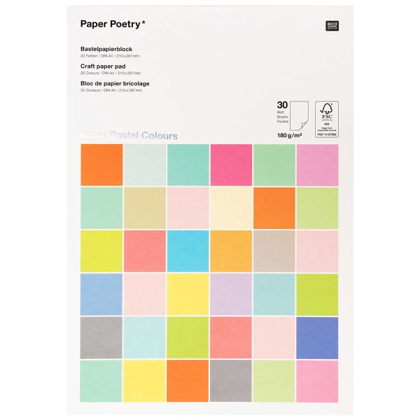 Bloc de papier scrapbooking Uni Rico Design - Couleurs Pastel - Format A4 - 30 feuilles - Photo n°1