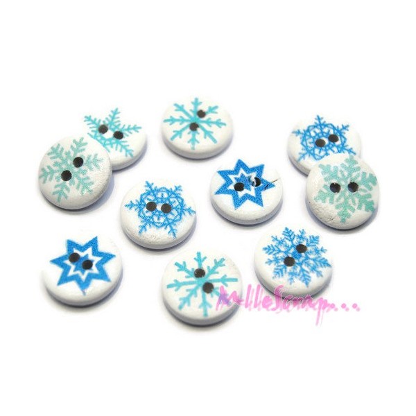 Boutons ronds flocons de neige bois bleu, blanc - 10 pièces - Photo n°1