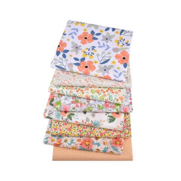 8 coupons tissu patchwork coton couture 40 x 50 cm FLEURI VERT ORANGE - Photo n°1