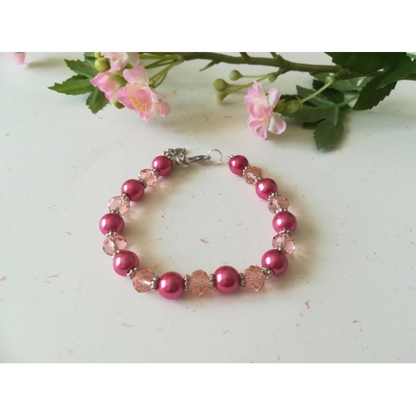 Kit bracelet perles en verre fuchsia et à facette rose - Photo n°1