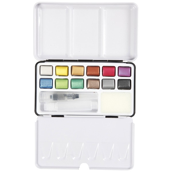 Boîte de voyage Peinture aquarelle avec Pinceau - 12 couleurs effet métallisé - Photo n°1