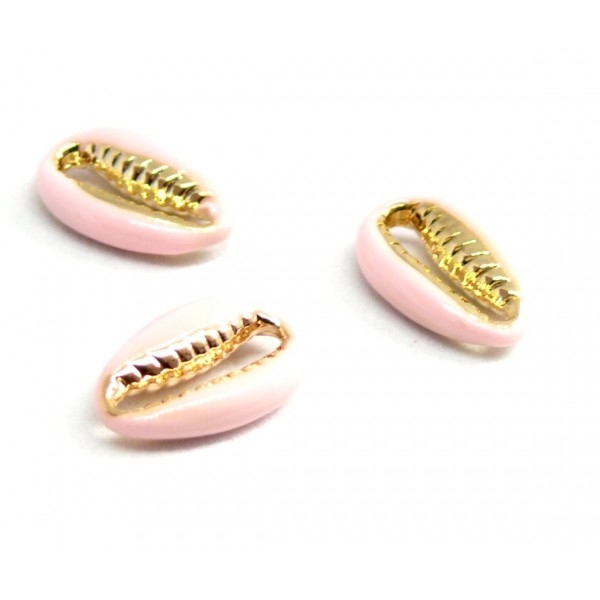 2 perles interclalaires émaillés Cauri résine emaille Rose Pale sur metal doré 14 par 4,5mm - Photo n°1