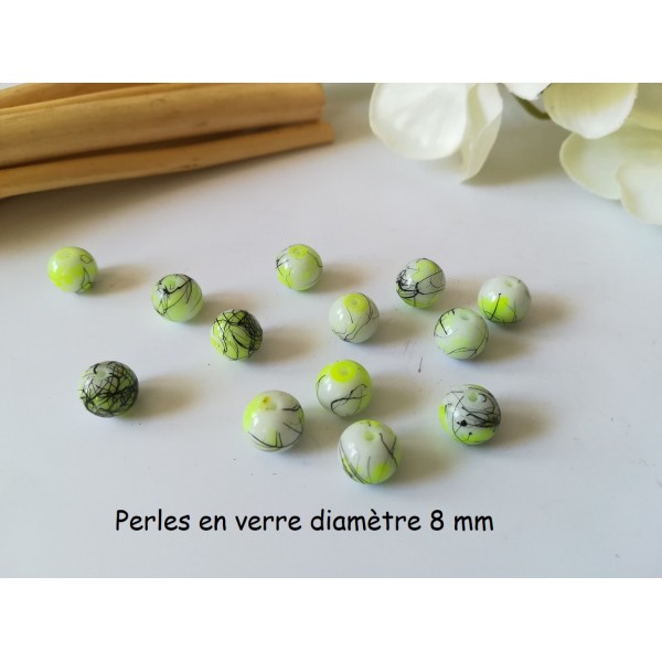 Perles en verre 8 mm blanc, vert fluo et tréfilé noir x 20 - Photo n°1
