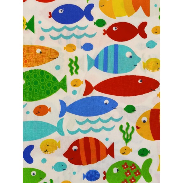 Coupon tissu - banc de poisson fond blanc - coton - 50x40cm - Photo n°1