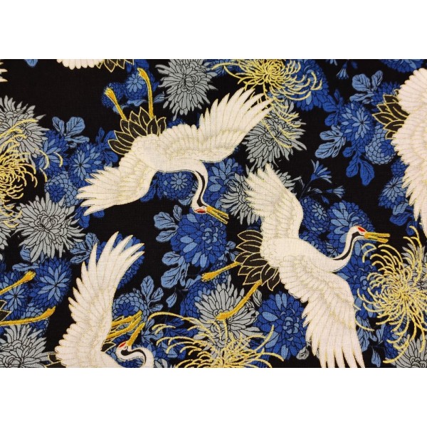 Coupon tissu japonais - grue blanche et doré, fleur bleu- coton - 50x50cm - Photo n°1