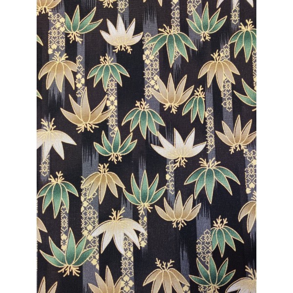 Coupon tissu japonais - fleur vert / gris et doré - coton - 50x50cm - Photo n°1