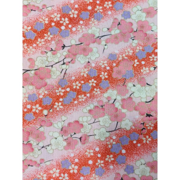 Coupon tissu japonais - fleur de sakura rose, mauve sur fond rouge / rose - coton - 50x50cm - Photo n°1
