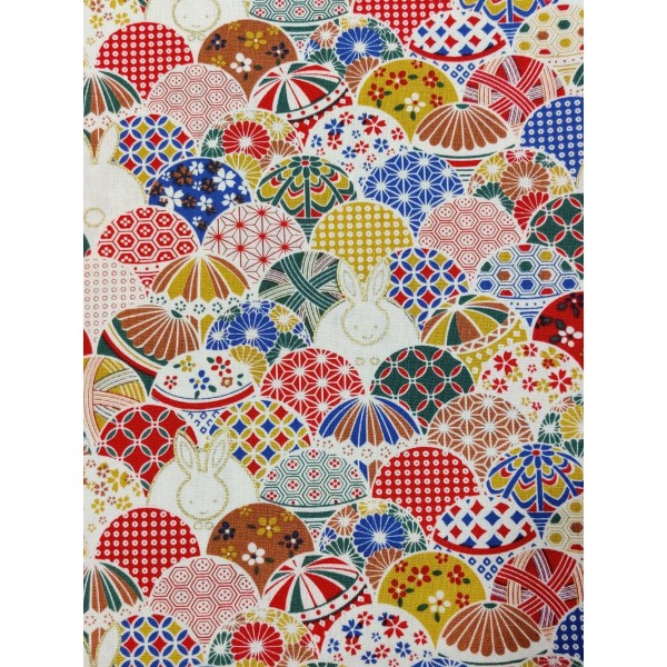 Coupon tissu japonais - lapin et oeuf multicolore - coton - 54x50cm - Photo n°1