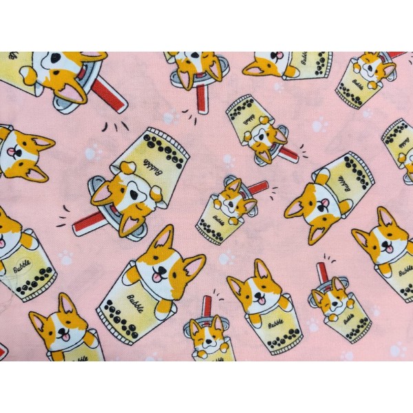 Coupon tissu japonais - chien japonais shiba inu fond rose - coton - 52x40cm - Photo n°1