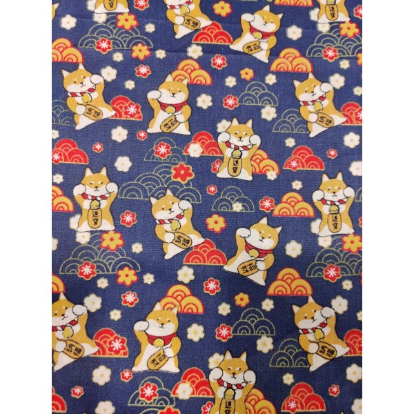Coupon tissu japonais - chien japonais shiba inu fond bleu - coton - 55x40cm - Photo n°1