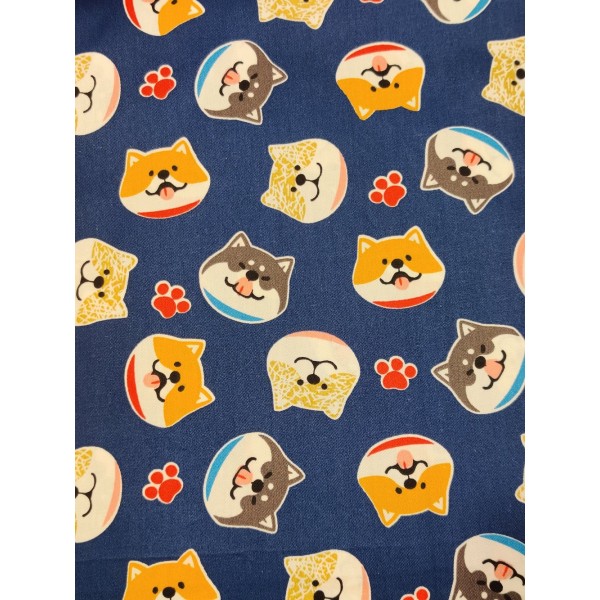 Coupon tissu japonais - tête de chien japonais shiba inu, bleu - coton - 53x40cm - Photo n°1