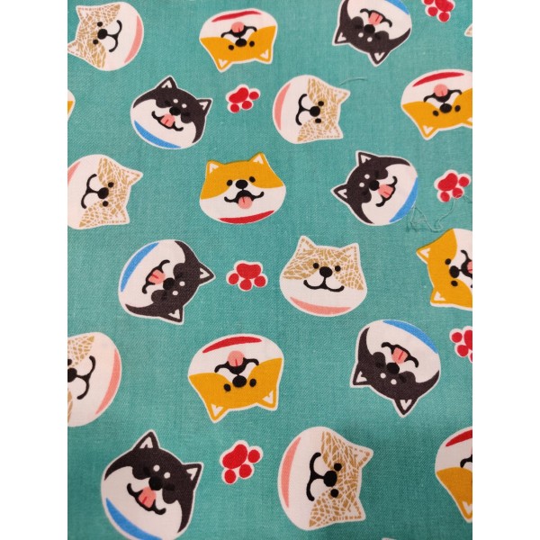 Coupon tissu japonais - tête de chien japonais shiba inu, vert d'eau - coton - 55x40cm - Photo n°1
