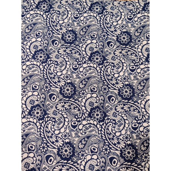 Coupon tissu - arabesque / fleur bleu blanc - coton - 50x40cm - Photo n°1