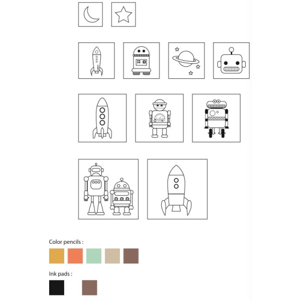 Kit tampons bois, encreurs et crayons - Robots - Artemio - 18 pcs - Photo n°2