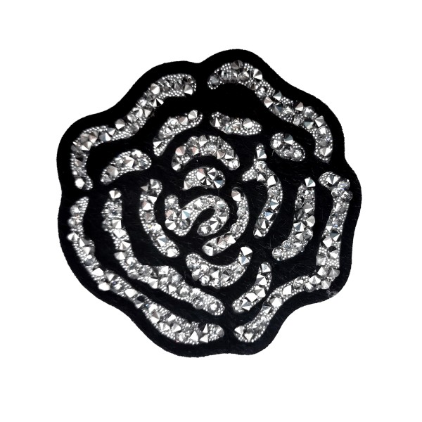 Ecusson strass fleur noire, patch thermocollant fleur pour customisation vêtement 7 cm - Photo n°1
