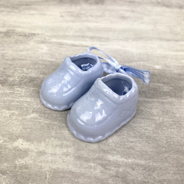 Paire de chaussons en porcelaine décorative bleue, pour bébé Garçon, Chaussures avec ruban pour bapt - Photo n°2