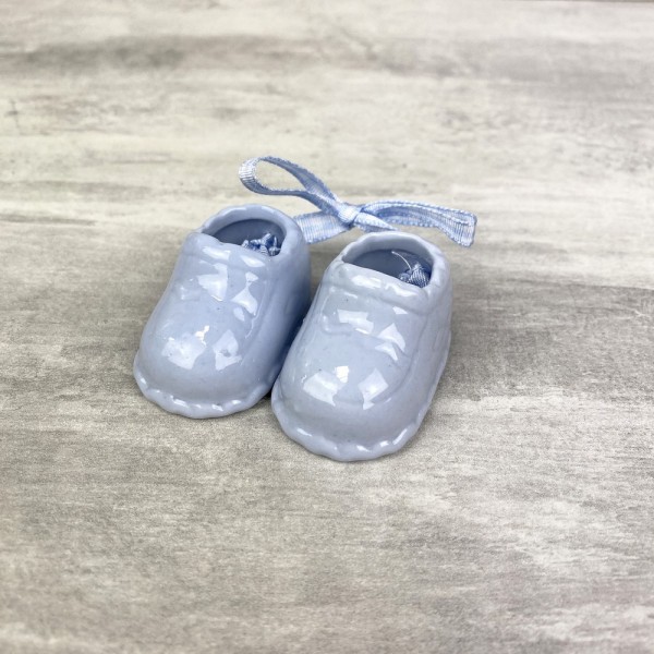 Paire de chaussons en porcelaine décorative bleue, pour bébé Garçon, Chaussures avec ruban pour bapt - Photo n°1