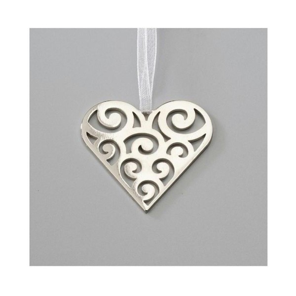 Petit Coeur en métal  Argenté de 5 cm, avec un ruban en organza blanc - Photo n°1