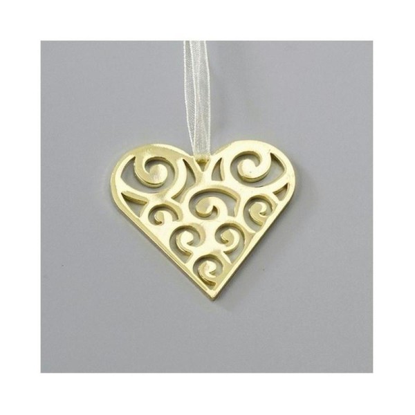 Petit Coeur en métal Doré de 5 cm, avec un ruban en organza blanc - Photo n°1