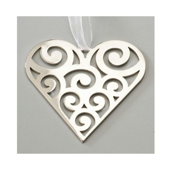 Coeur en métal Argenté de 8 cm, avec un petit ruban en organza blanc - Photo n°1