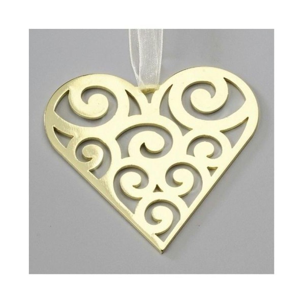 Coeur en métal Doré de 8 cm, avec un petit ruban en organza blanc - Photo n°1