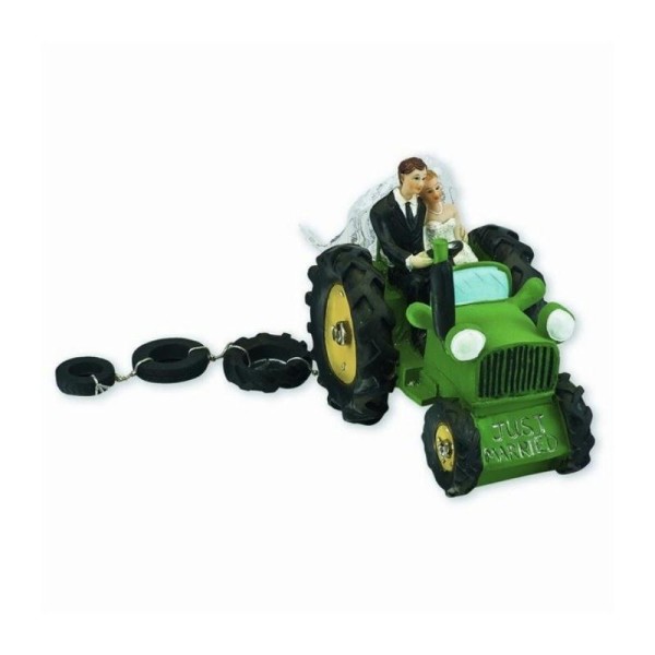 Figurine Mariés d'agriculteurs sur tracteur vert, en résine, 140 x 90 x 110 mm - Photo n°1