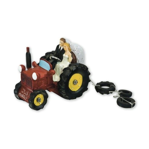 Figurine Mariés d'agriculteurs sur tracteur Rouge, en résine, 140 x 90 x 110 mm - Photo n°1