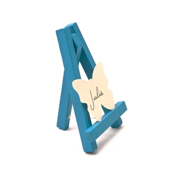 Chevalet de table en bois peint Turquoise avec trépied, Marque-Place haut. 10 cm - Photo n°1